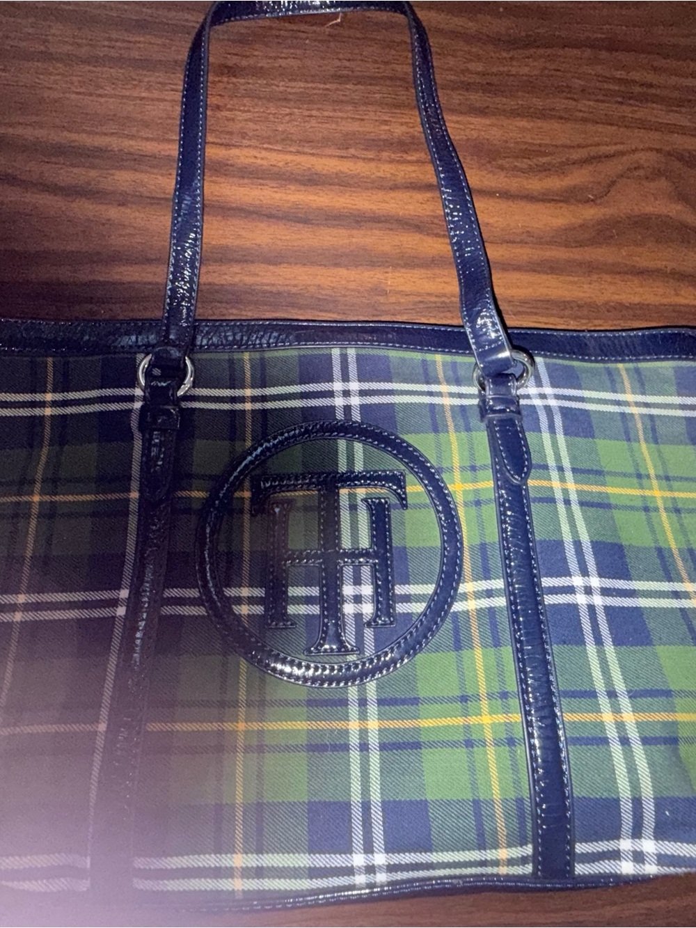 Tommy Hilfiger Navy, Green & Yellow Plaid Tote with Logo